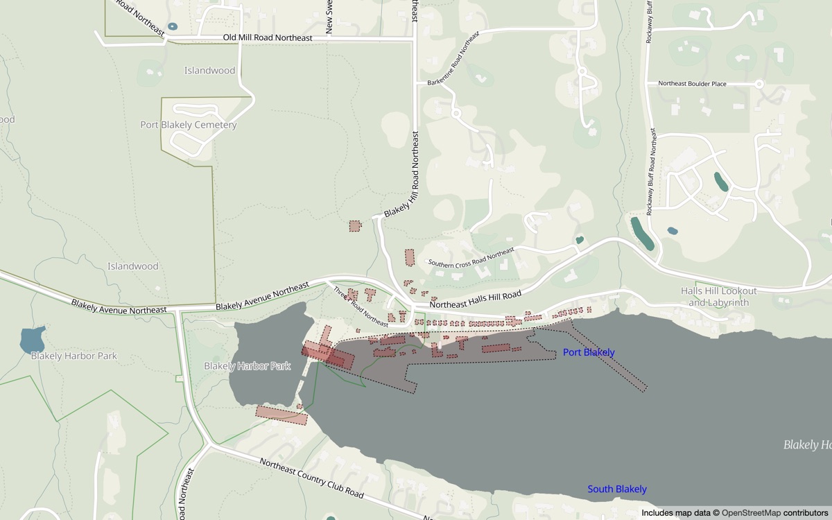 The prototype map around Blakely Harbor: roads, trails and parks, with the old Port Blakely mill buildings outlined in red along the shore